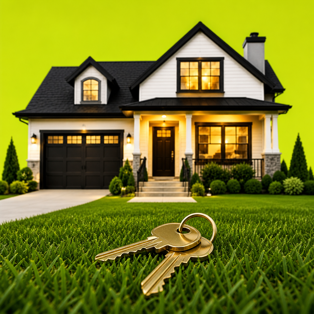 House keys in the grass in front of the farmhouse